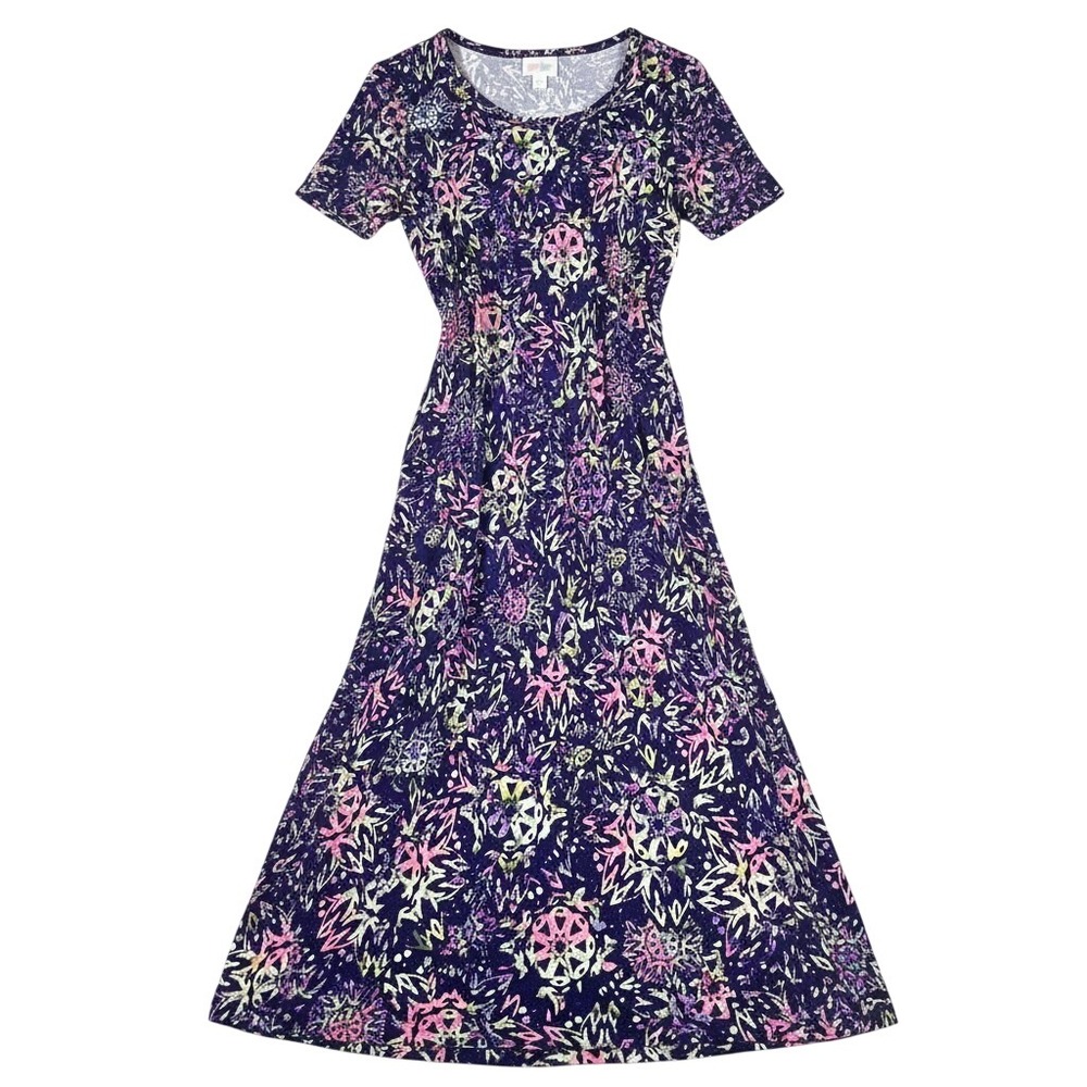 LuLaRoe Julia Dress Womens Large Purple Pink Floral Geometric Short Sleeve Midi